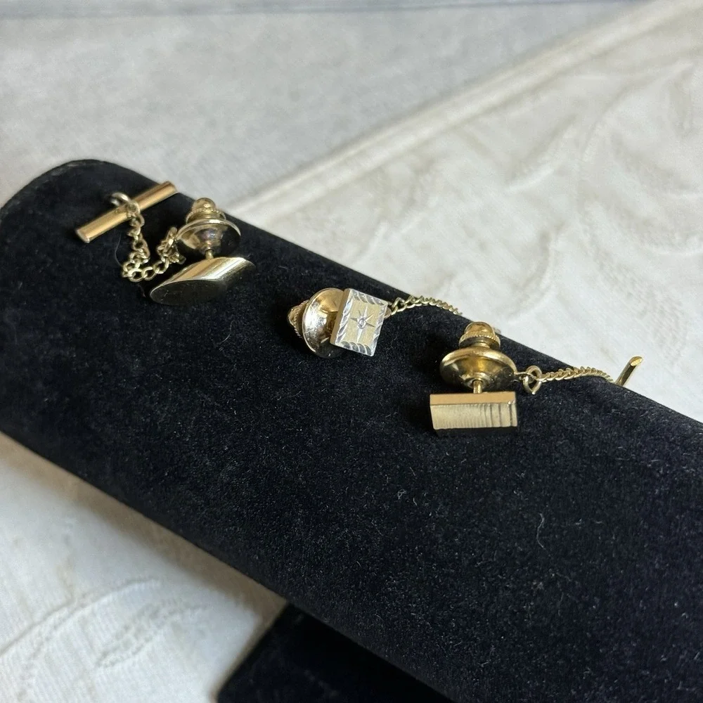Men's‎ 3 Piece See Of Gold Toned Tie Tacks With Chain